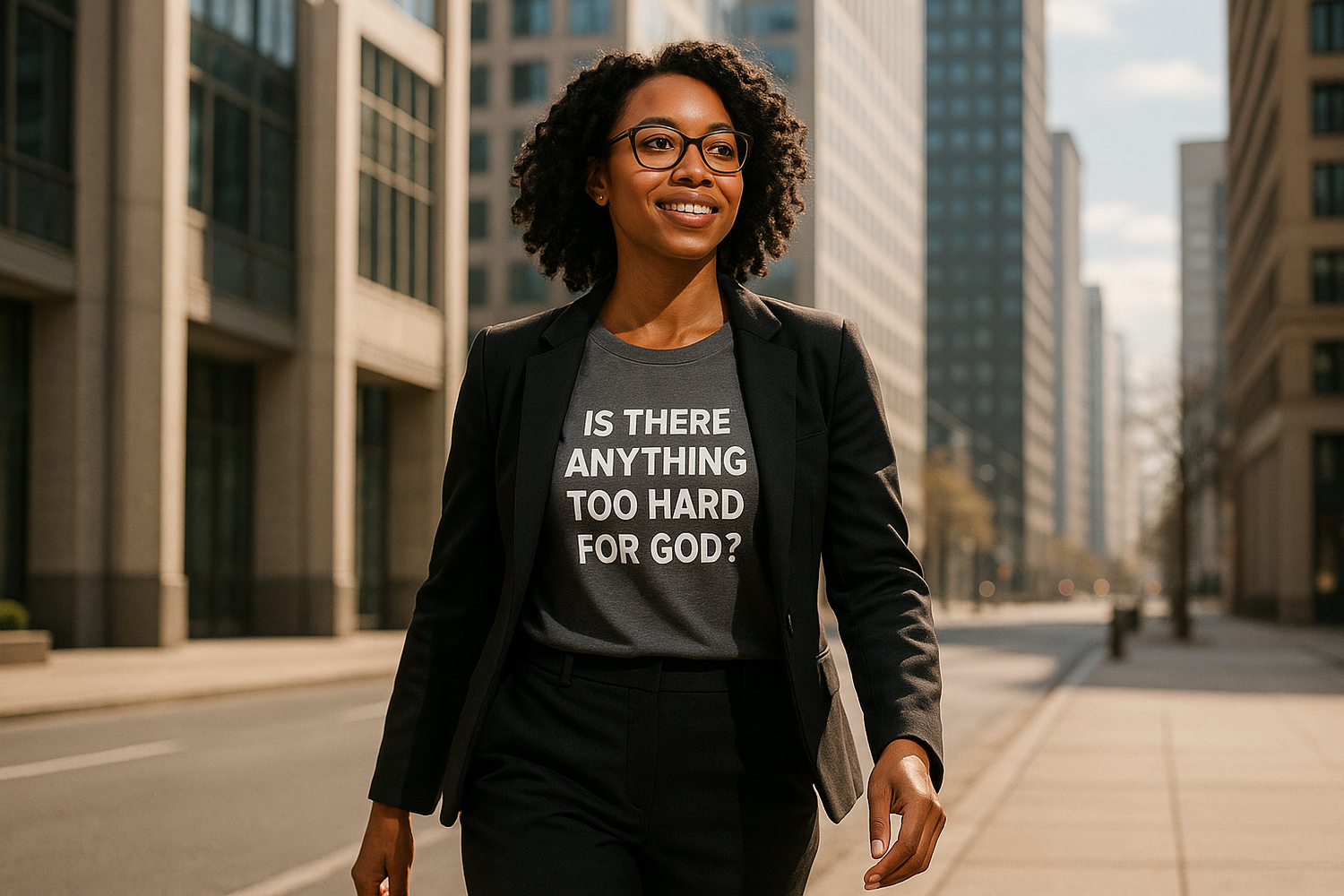 create an image of a lady walking to work wearing a T-shirt with is there anything to hard for God written on it.