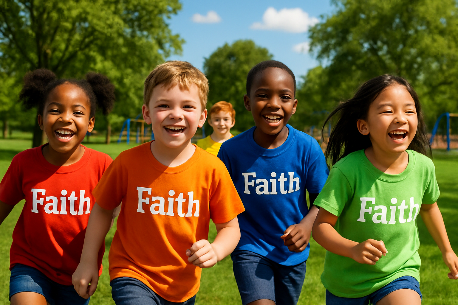 create an image of Children playing outside wearing t-shirts with Faith written on it