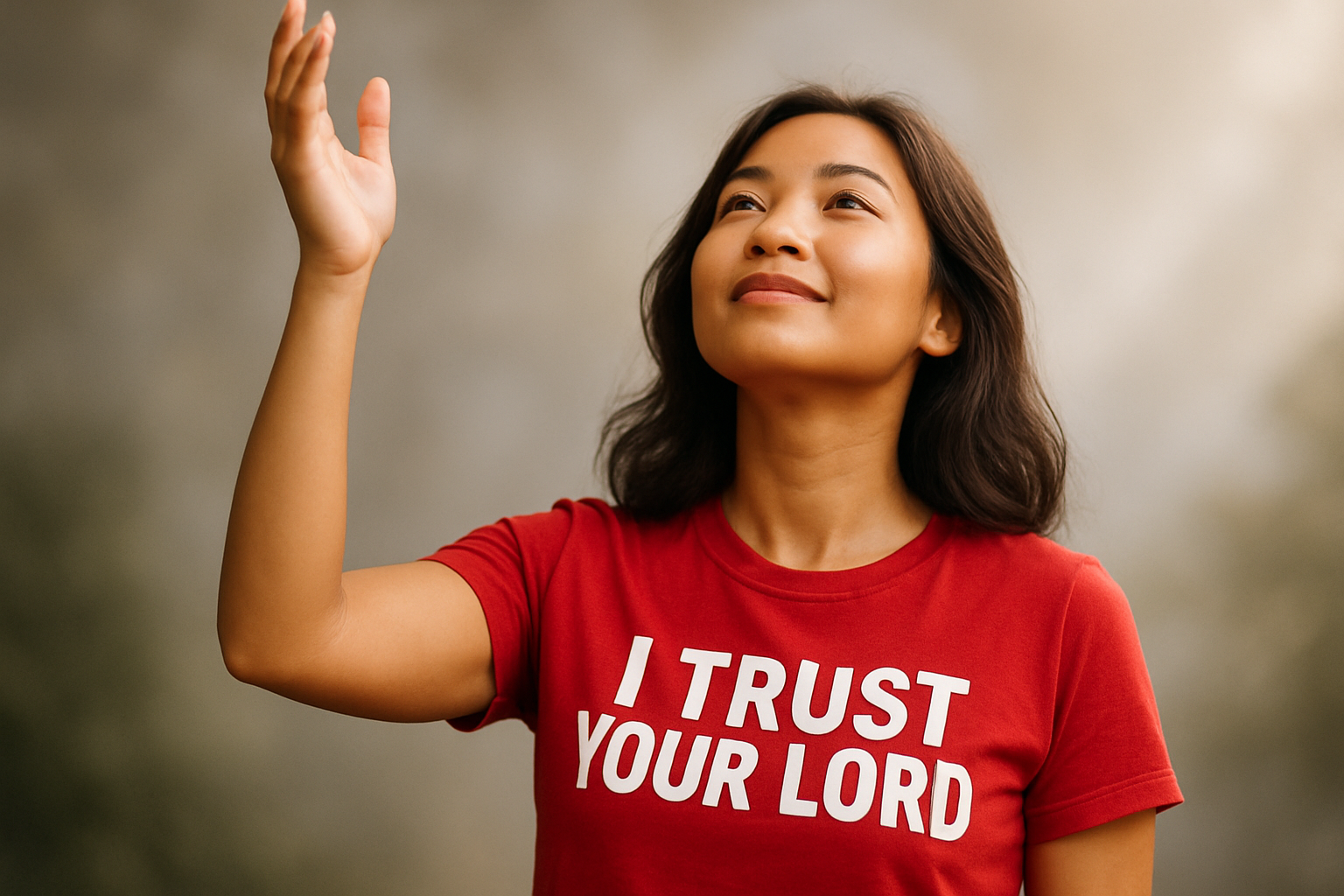 generate an image with a mixed race asian woman wearing a red t-shirt with white letters with "I Trust Your Lord" on it with her hand lifted looking into the sky.
