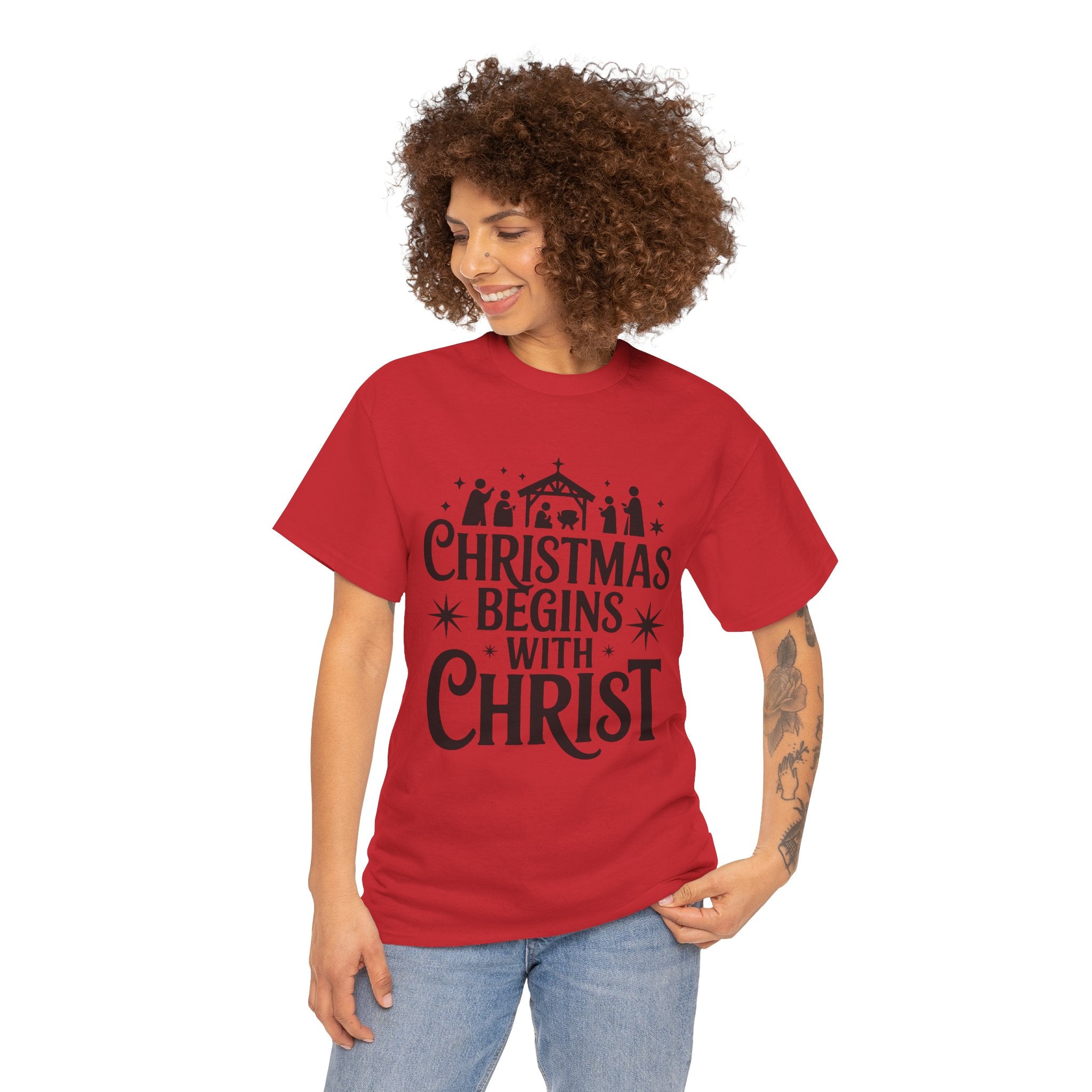 Nativity Typography Tee — Quiet Faith Christmas T-Shirt