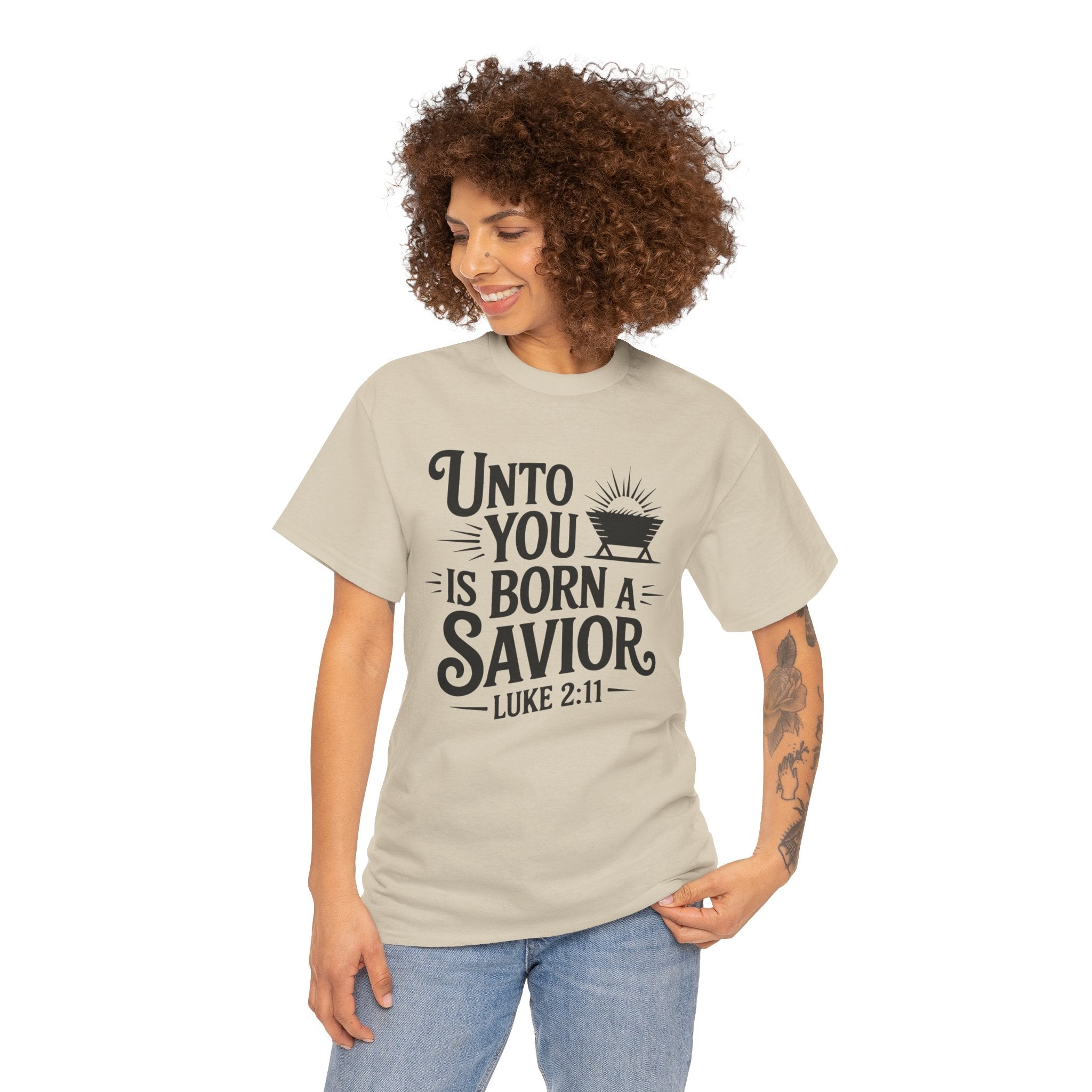Luke 2:11 Manger Christmas Tee — "Unto you is born a Savior"