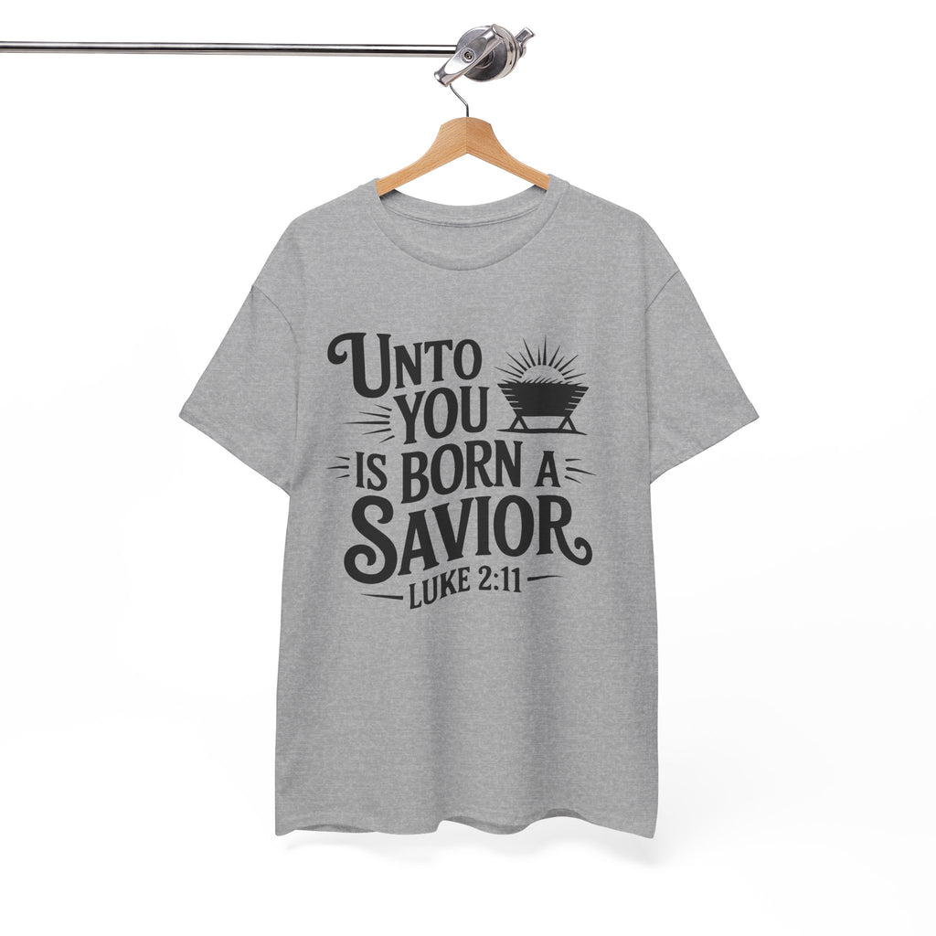 Luke 2:11 Manger Christmas Tee — "Unto you is born a Savior"