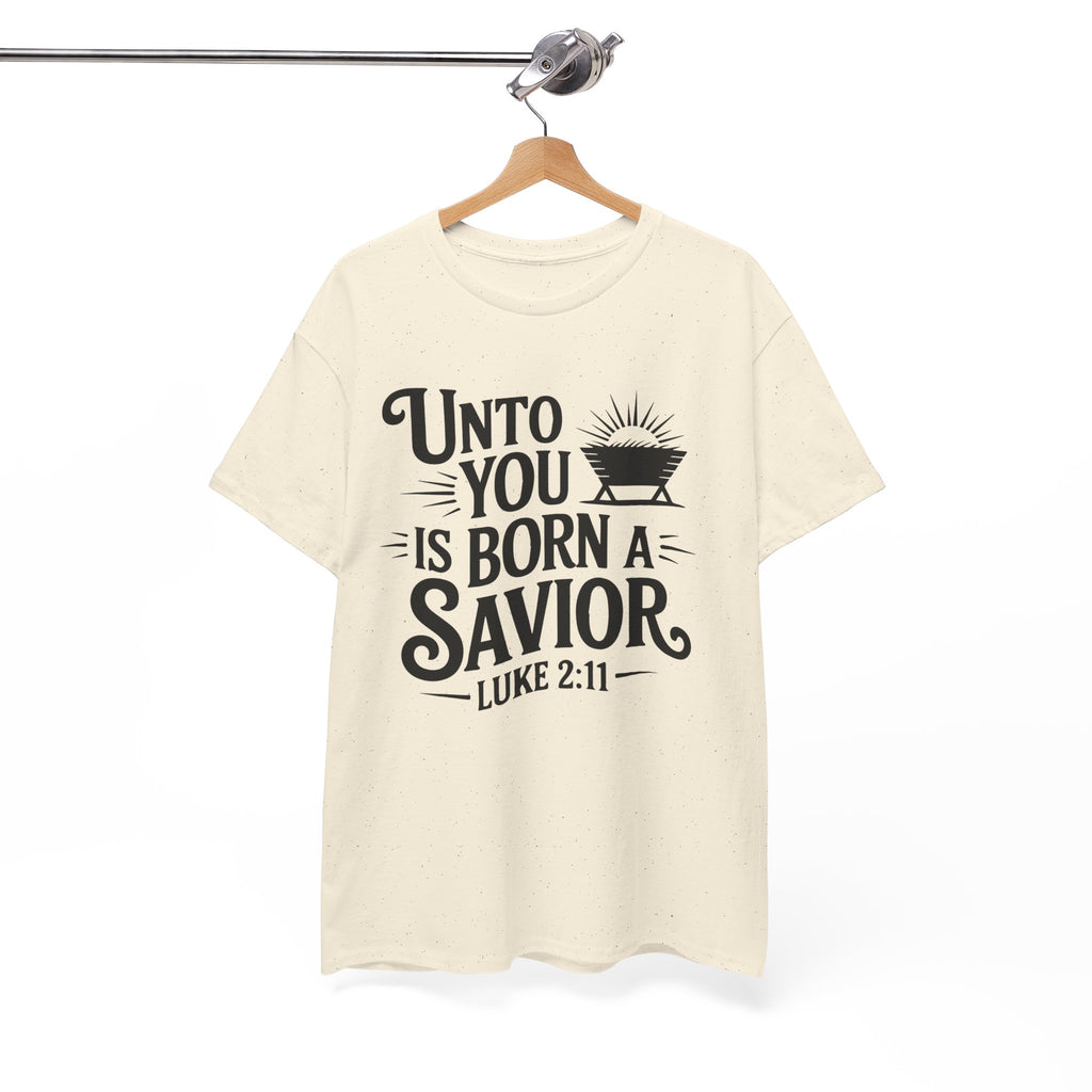 Luke 2:11 Manger Christmas Tee — "Unto you is born a Savior"