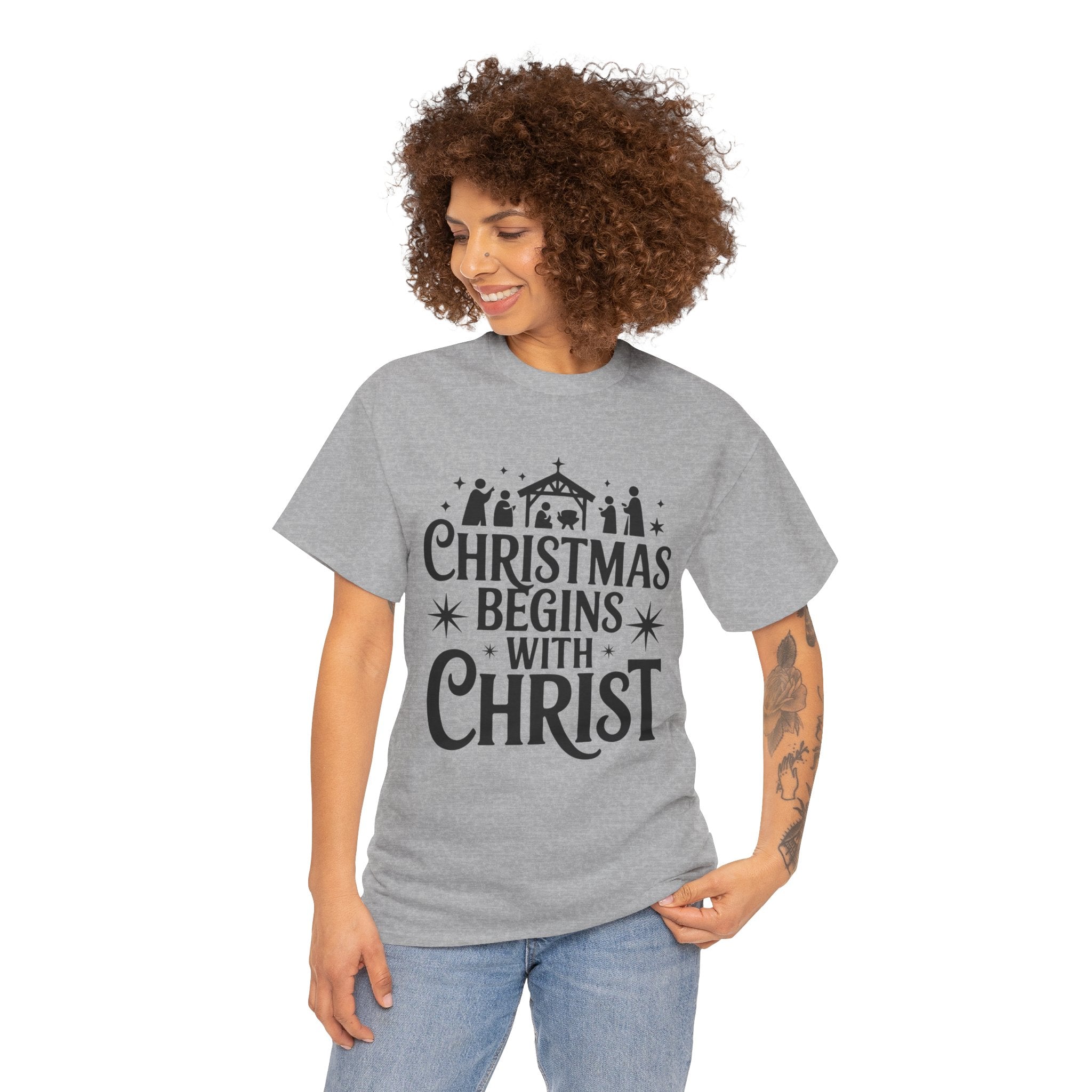 Nativity Typography Tee — Quiet Faith Christmas T-Shirt