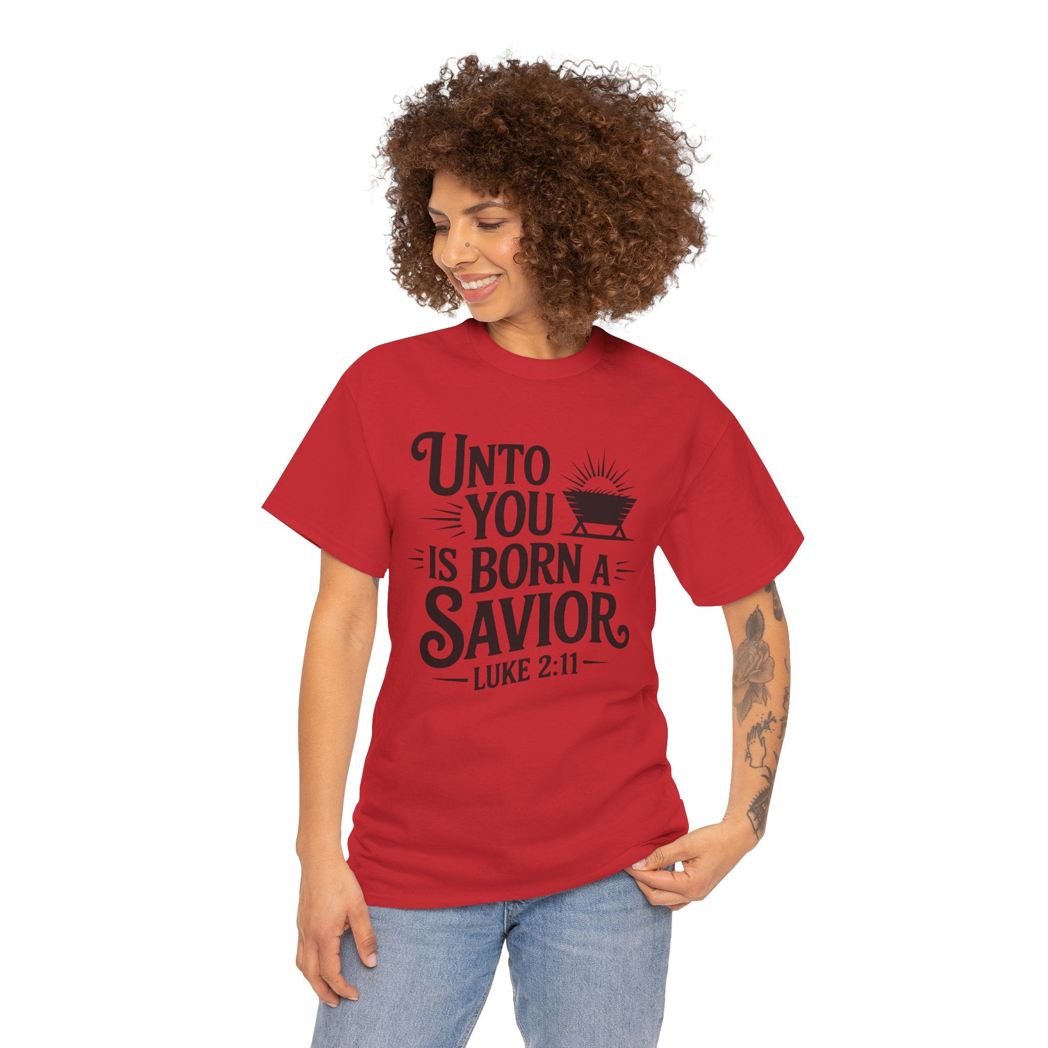 Luke 2:11 Manger Christmas Tee — "Unto you is born a Savior"