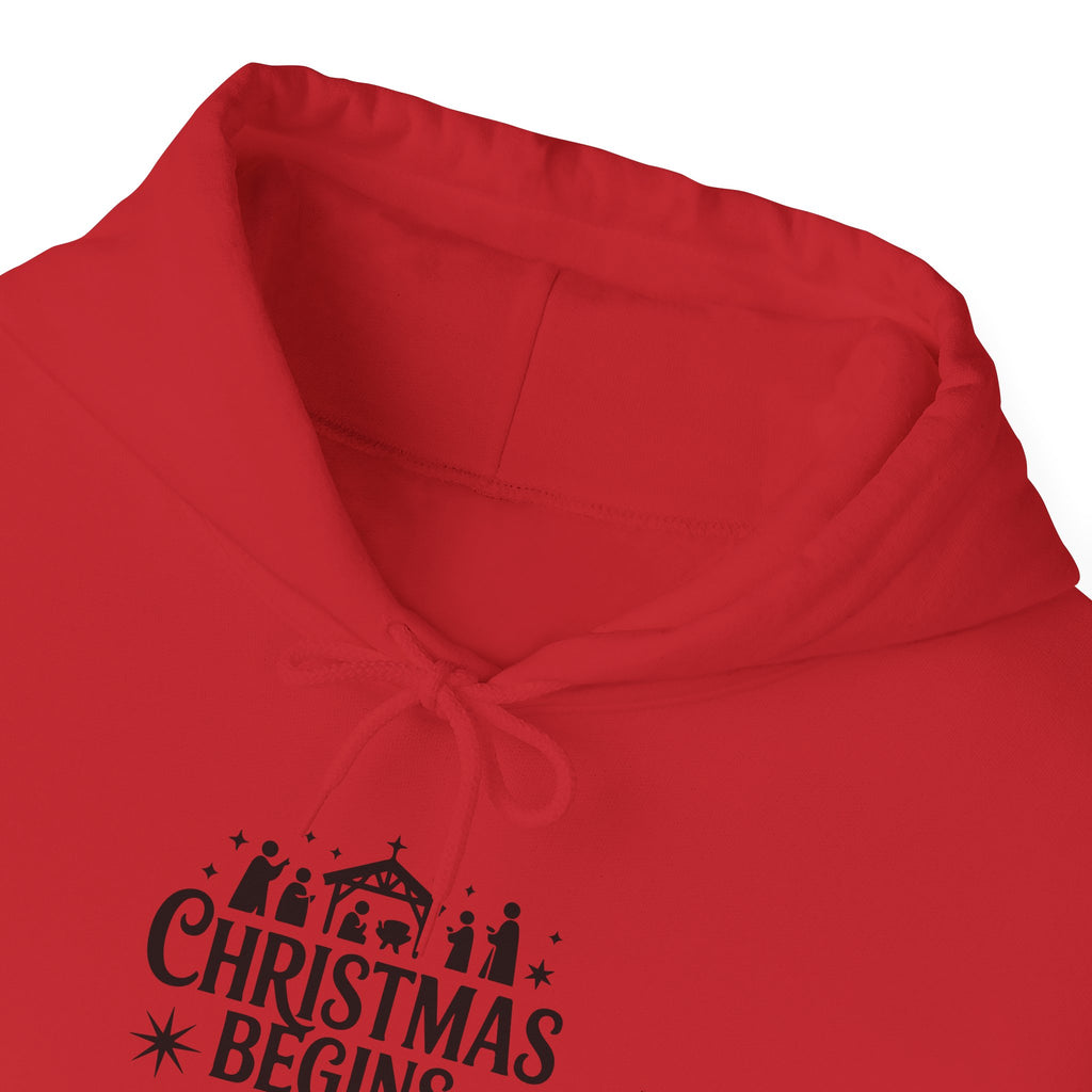 Christmas Begins With Christ Hoodie — Nativity Chest Design