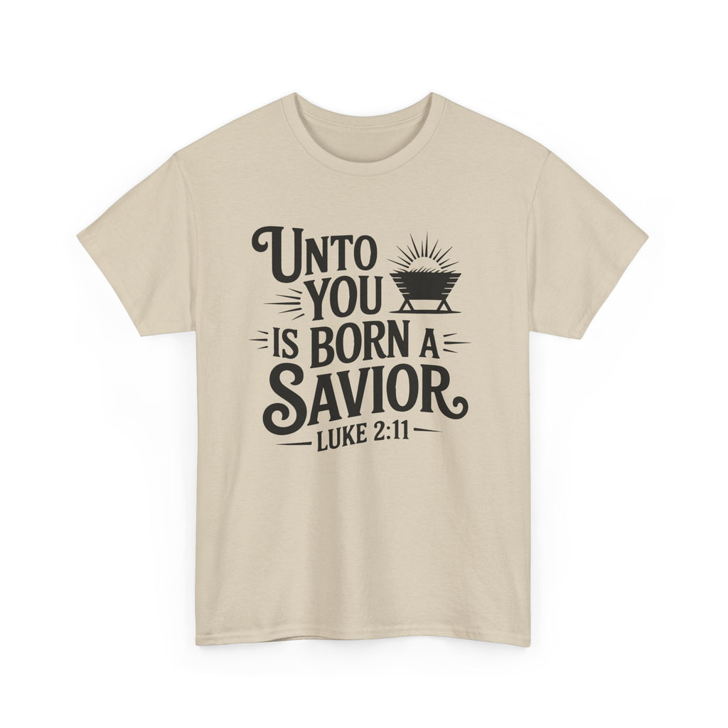 Luke 2:11 Manger Christmas Tee — "Unto you is born a Savior"
