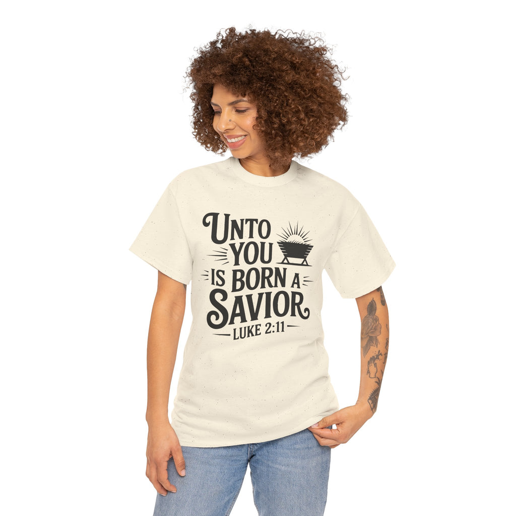 Luke 2:11 Manger Christmas Tee — "Unto you is born a Savior"