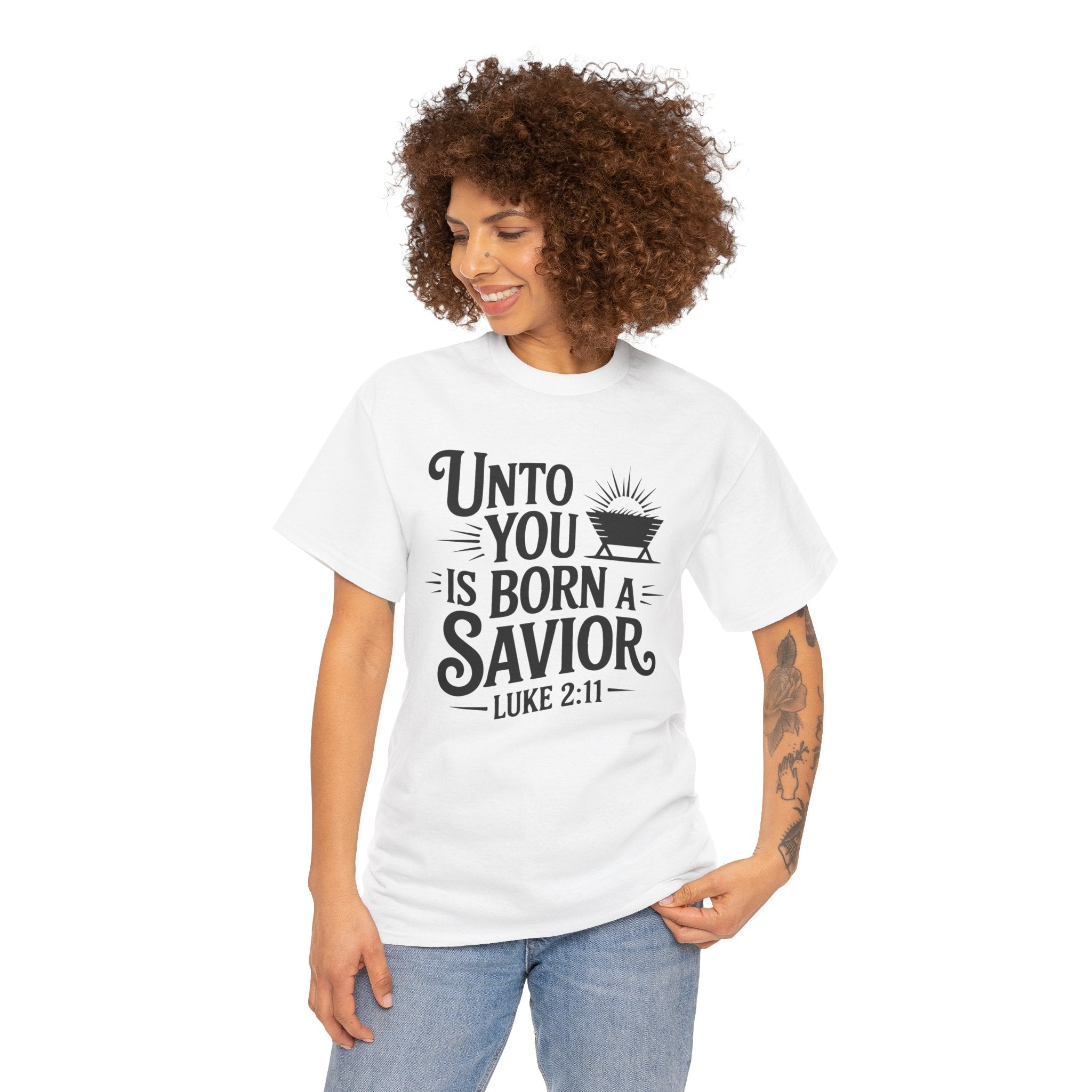 Luke 2:11 Manger Christmas Tee — "Unto you is born a Savior"