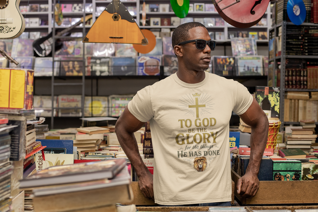 Men's Faith-Inspired Short Sleeve  Lion Tee: 'To God Be the Glory