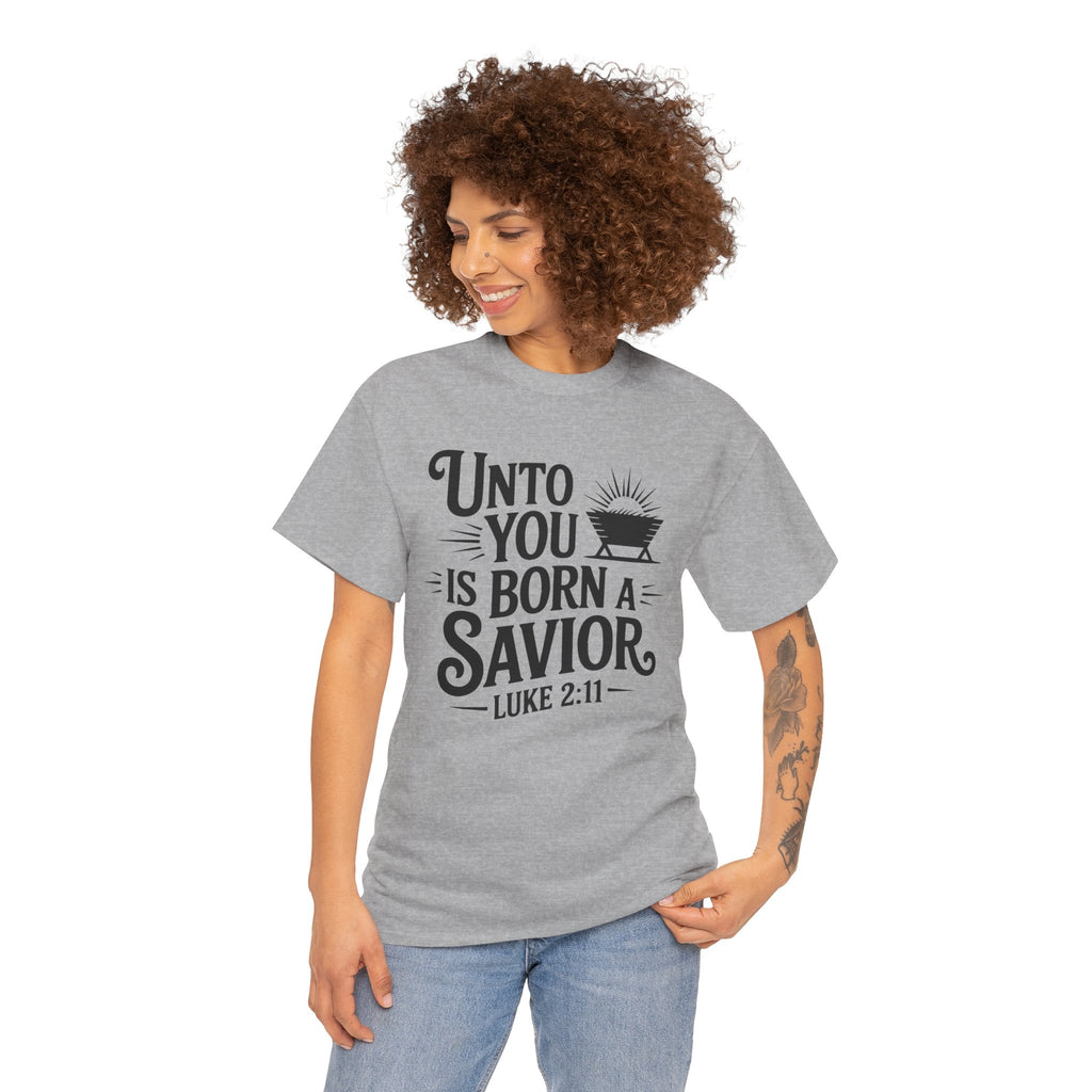 Luke 2:11 Manger Christmas Tee — "Unto you is born a Savior"