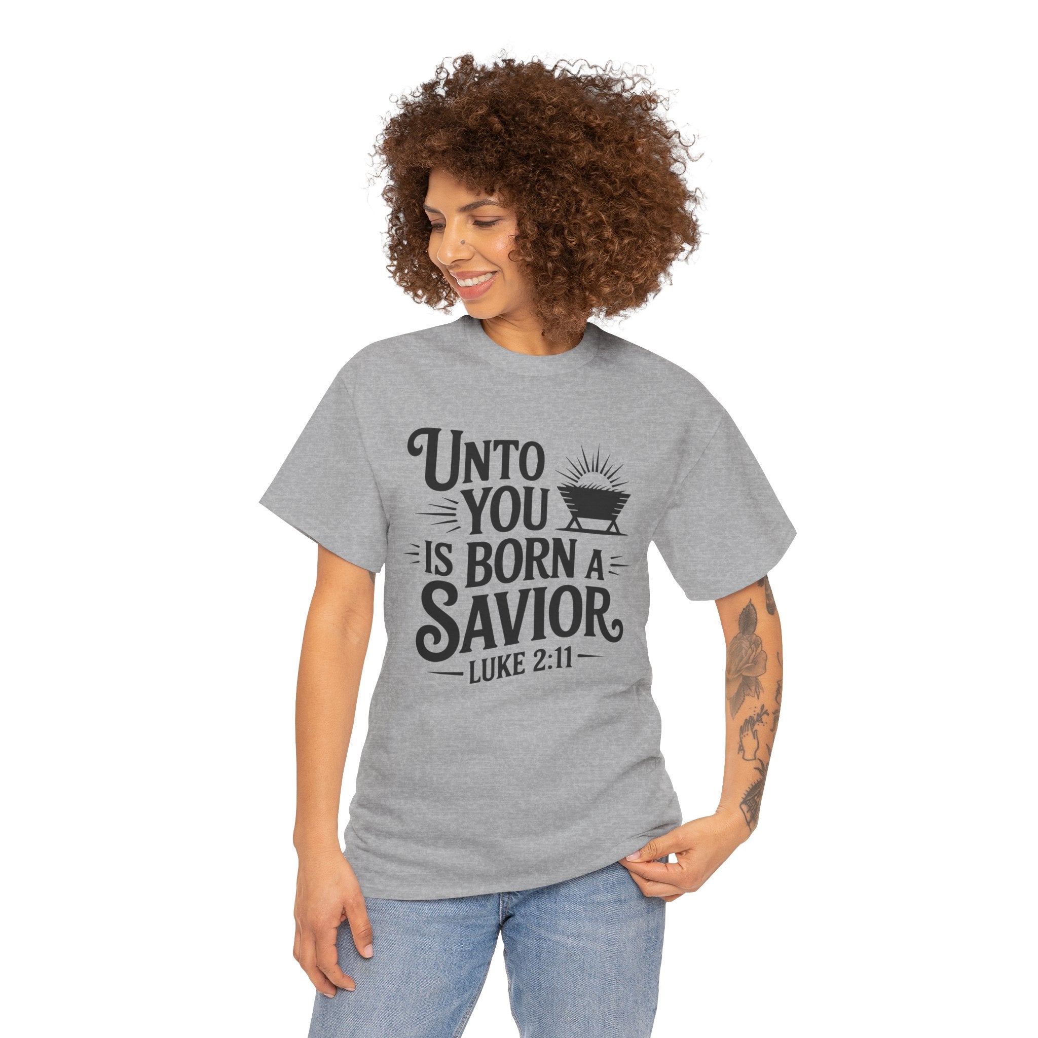 Luke 2:11 Manger Christmas Tee — "Unto you is born a Savior"
