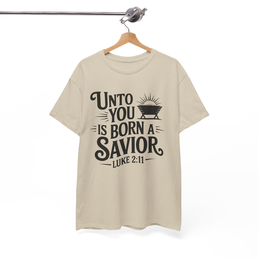 Luke 2:11 Manger Christmas Tee — "Unto you is born a Savior"