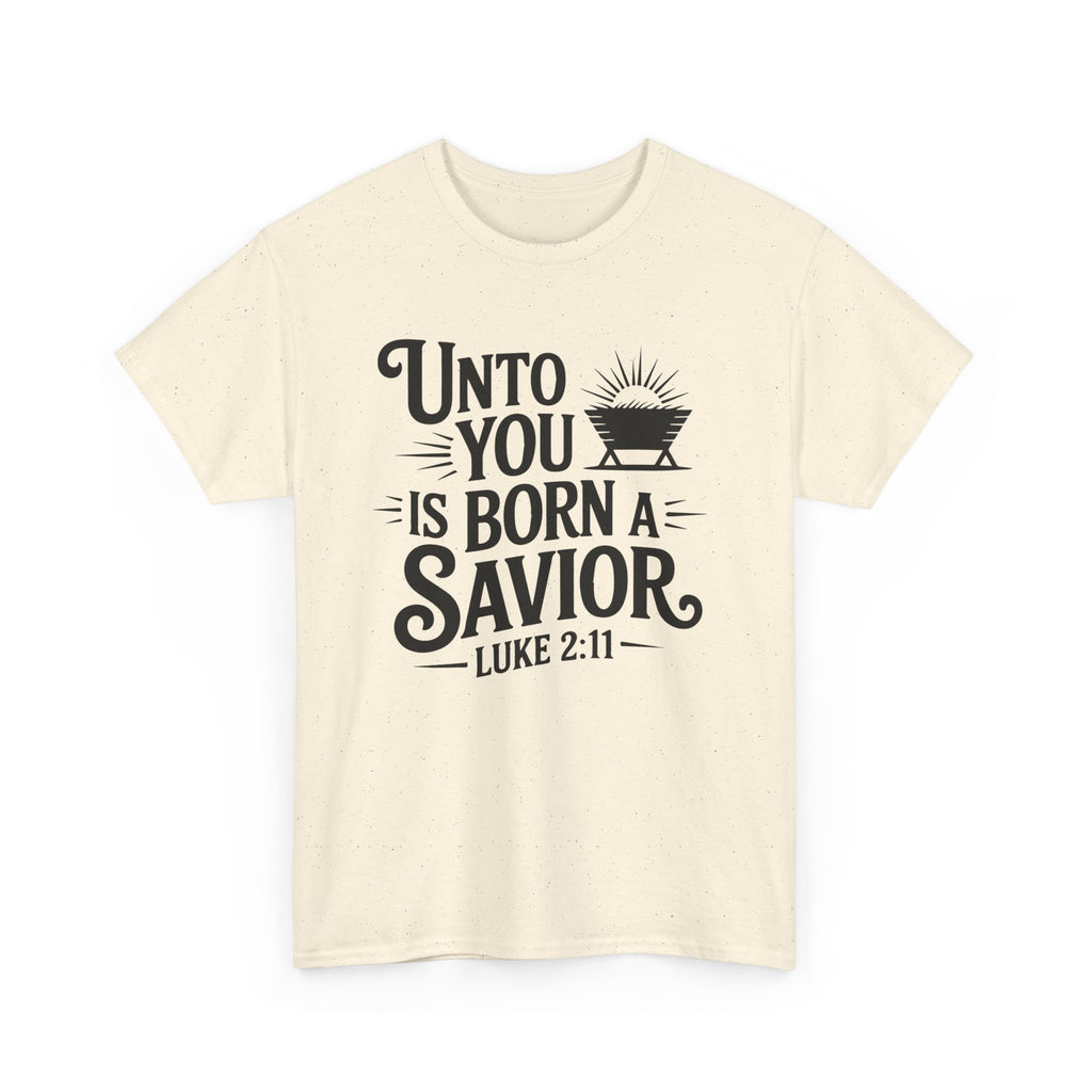 Luke 2:11 Manger Christmas Tee — "Unto you is born a Savior"