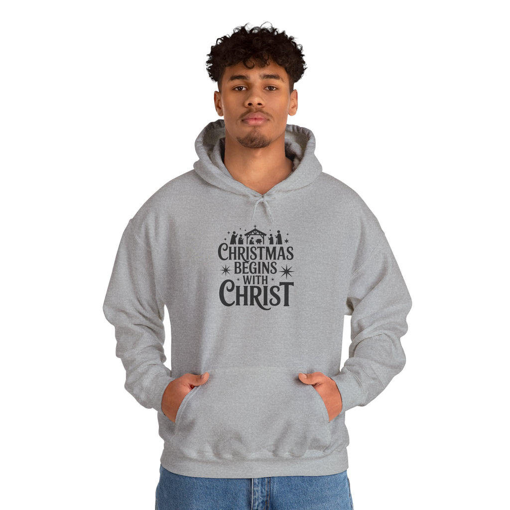 Christmas Begins With Christ Hoodie — Nativity Chest Design