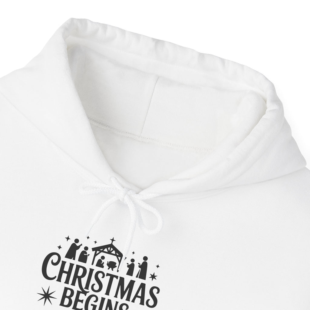 Christmas Begins With Christ Hoodie — Nativity Chest Design