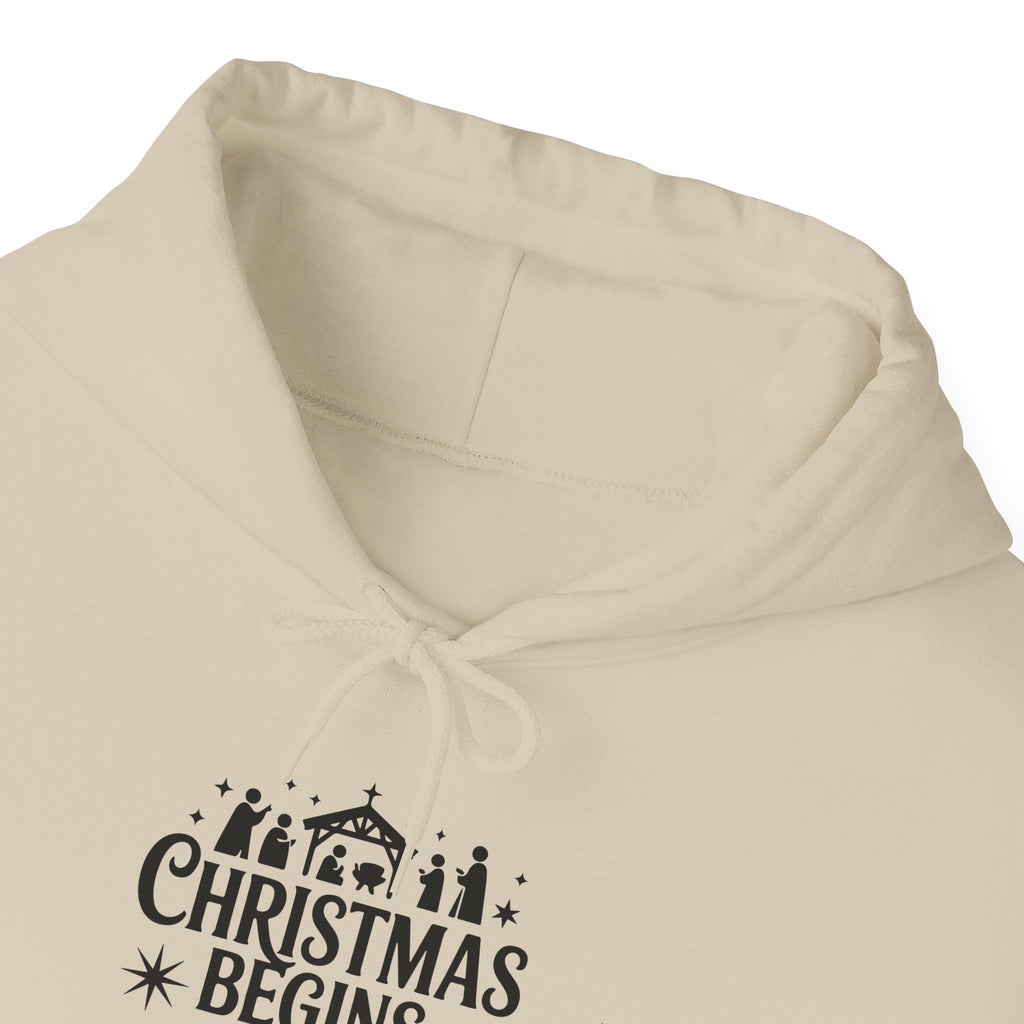 Christmas Begins With Christ Hoodie — Nativity Chest Design