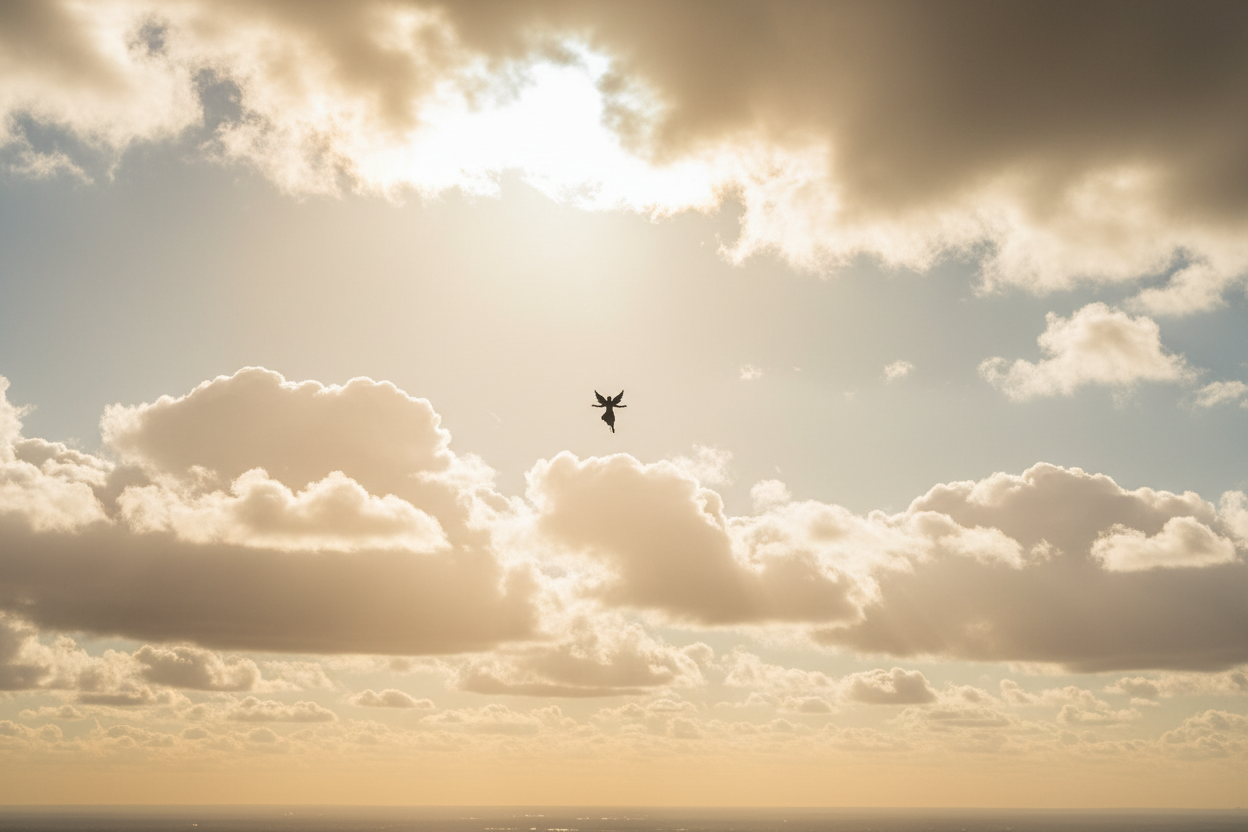 clouds in the big beautiful sky with one small black angel in the sky and the sun is shinning